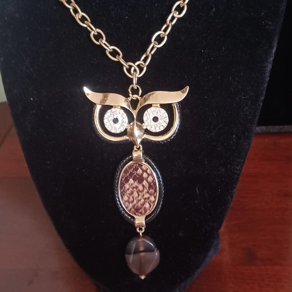Large Vintage 1970s Gold Owl Pendant Necklace With Chunky Gold Chain